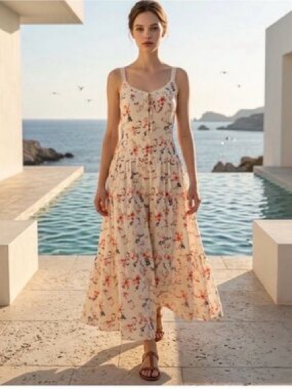 Caroline Constas Ivory Floral Linen Maxi Dress XS NWT